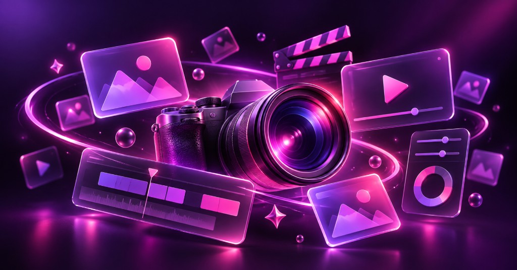3D illustration of a professional camera with floating neon video editing and content creation icons in purple and pink tones