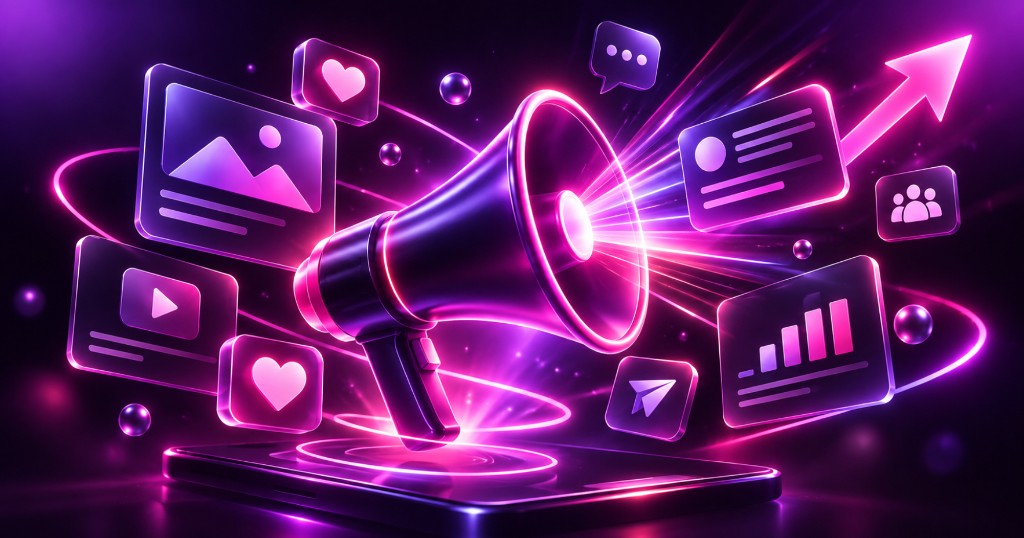 3D illustration of a neon megaphone with social content icons representing brand visibility and attention