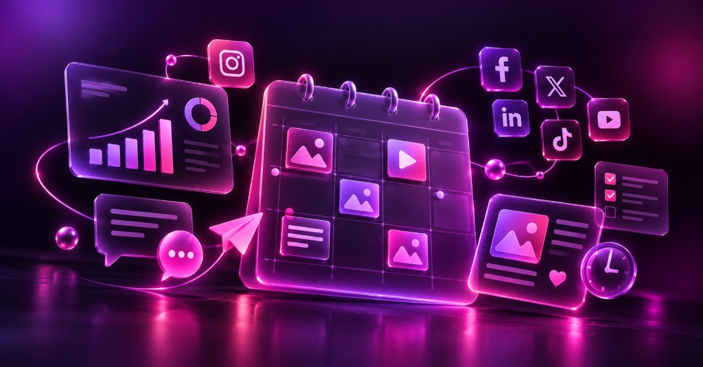 3D illustration of a social media planning dashboard with connected platforms in purple and pink neon tones