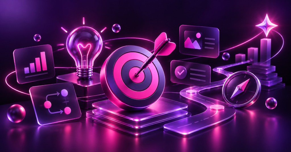 3D illustration of a target, lightbulb and planning path representing creative strategy in purple and pink neon tones